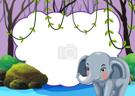Ilustración de Elefante de dibujos animados cerca de un estanque con un fondo exuberante. - Imagen libre de derechos