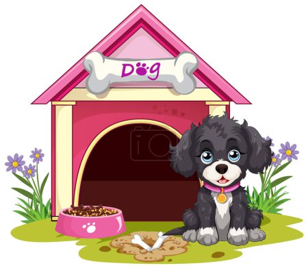 Ilustración de Lindo cachorro sentado fuera de su casa de perro colorido - Imagen libre de derechos
