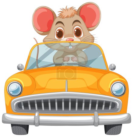 Téléchargez les illustrations : Adorable souris dessin animé conduisant une voiture vintage - en licence libre de droit