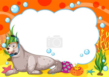 Cartoon seal with bubbles and colorful underwater scene.