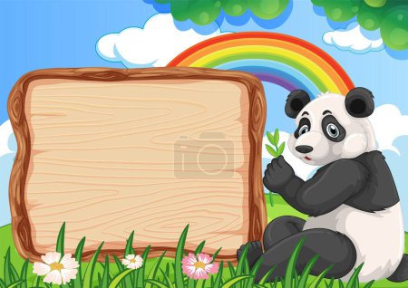 Téléchargez les illustrations : Panda tenant une feuille à côté d'un panneau en bois. - en licence libre de droit