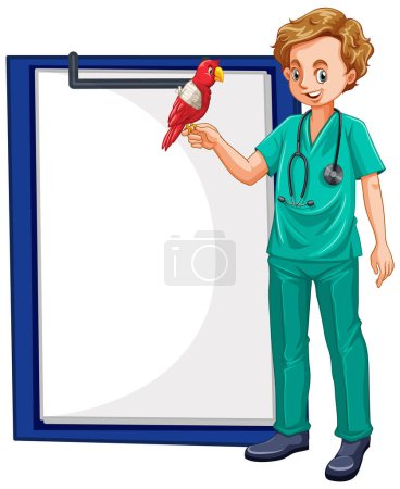 Illustration for Cartoon vet holding a bird near a blank clipboard. - Royalty Free Image