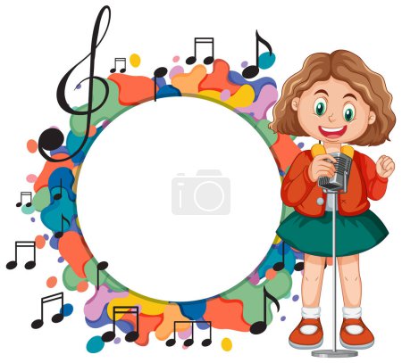 Téléchargez les illustrations : Jeune fille chantant avec fond musical coloré - en licence libre de droit