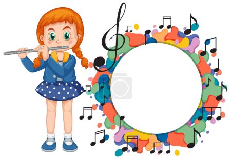 Illustration of a girl playing flute, colorful musical theme.