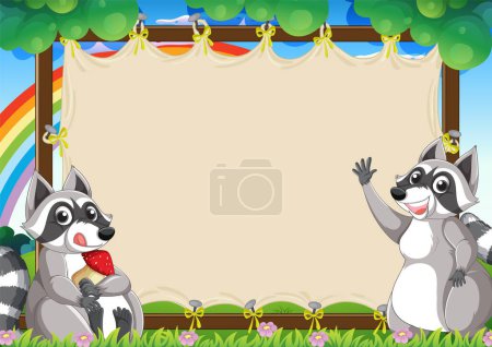 Ilustración de Dos mapaches con un marco colorido y decorado. - Imagen libre de derechos