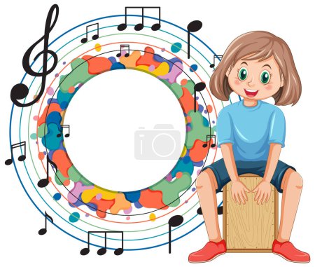 Illustration for Cartoon girl playing drum surrounded by musical notes. - Royalty Free Image