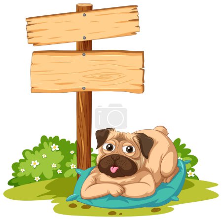 Illustration for Cute pug lying near a blank wooden sign. - Royalty Free Image
