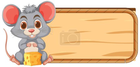 Illustration for Cute mouse holding cheese beside wooden sign - Royalty Free Image