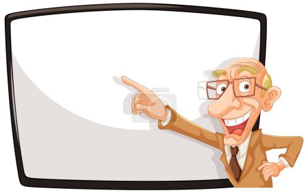 Illustration for Animated professor pointing at an empty whiteboard - Royalty Free Image