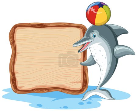 Delfin balanciert einen Ball neben einem Holzschild.