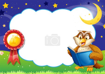Ilustración de Búho de dibujos animados leyendo un libro por la noche al aire libre. - Imagen libre de derechos