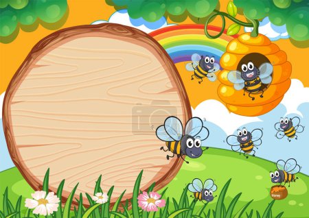 Téléchargez les illustrations : Illustration colorée d'abeilles profitant d'une journée ensoleillée. - en licence libre de droit