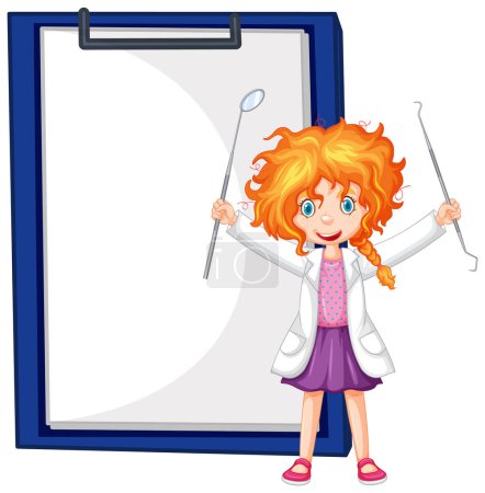 Cartoon girl holding pointers, standing by clipboard.