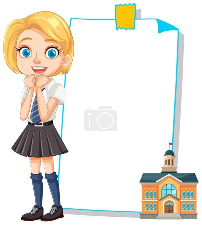 Young girl in school uniform with empty display board.