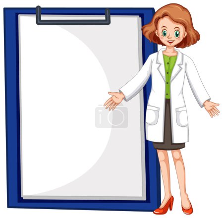 Ilustración de Médico de dibujos animados que presenta un gran portapapeles en blanco. - Imagen libre de derechos