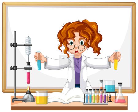 Ilustración de Chica en bata de laboratorio realizando experimentos con líquidos de colores - Imagen libre de derechos