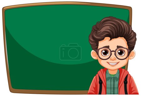 Illustration for Cartoon boy with glasses standing by a chalkboard - Royalty Free Image