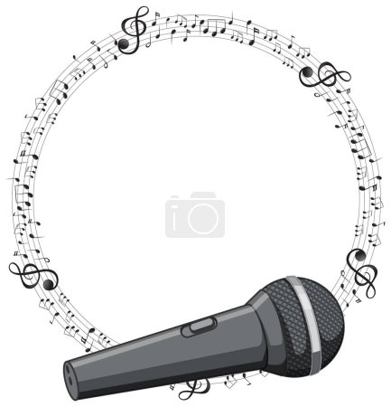 Microphone encircled by a musical note design.