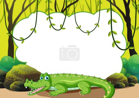Téléchargez les illustrations : Cartoon crocodile smiling in a vibrant forest scene - en licence libre de droit