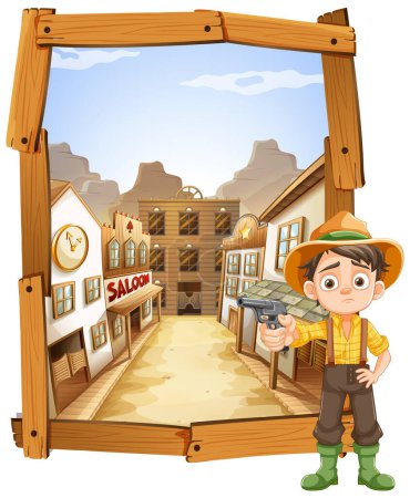 Illustration for Cartoon cowboy boy in a western town setting. - Royalty Free Image