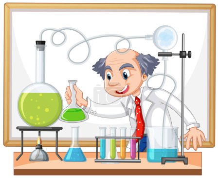 Cartoon scientist with chemicals in a lab setting.