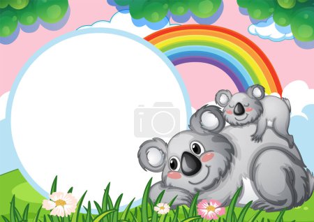 Ilustración de Dos koalas jugando bajo un colorido arco iris - Imagen libre de derechos