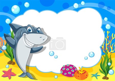 Smiling shark with colorful coral reef background.