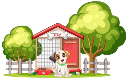 Ilustración de Lindo perro sentado fuera de su casa bajo los árboles. - Imagen libre de derechos