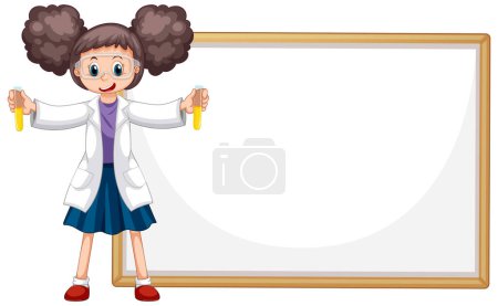 Illustration for Cartoon girl in lab coat with empty whiteboard - Royalty Free Image