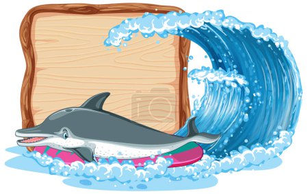 Illustration eines Delfins, der auf einer Welle auf einem Surfbrett reitet.