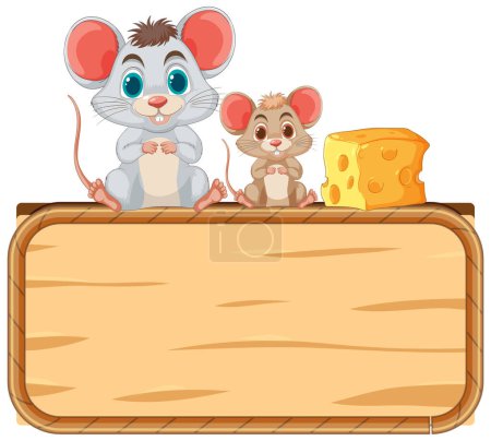 Téléchargez les illustrations : Deux souris dessinées avec un morceau de fromage sur un panneau. - en licence libre de droit