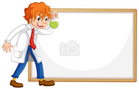 Illustration for Cartoon scientist with apple, leaning on whiteboard. - Royalty Free Image