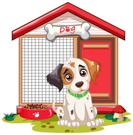 Ilustración de Lindo cachorro manchado sentado fuera de su casa - Imagen libre de derechos