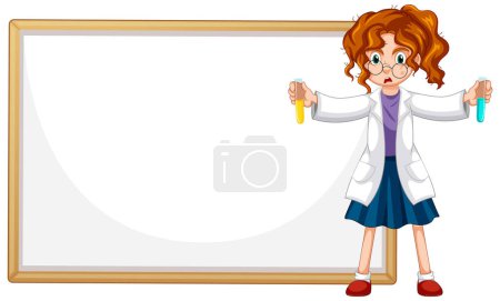 Cartoon girl scientist with test tubes and board.