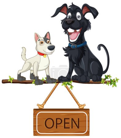Téléchargez les illustrations : Deux chiens de dessin animé assis au-dessus d'un panneau "Ouvrir" - en licence libre de droit