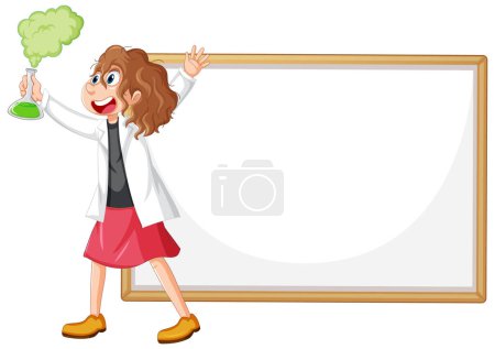 Female scientist with flask near blank whiteboard