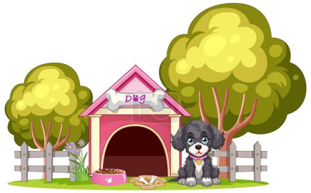 Adorable puppy sitting by its colorful doghouse.