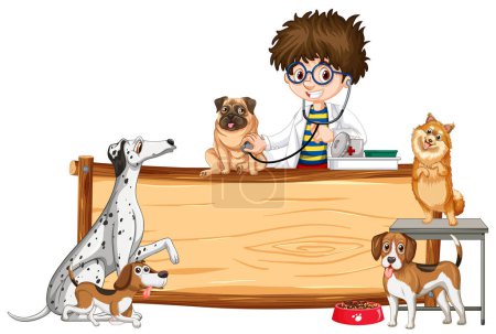 Photo for Cartoon vet examining multiple dogs in clinic - Royalty Free Image
