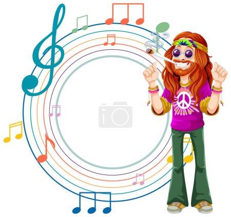Illustration for Colorful hippie with music notes and peace symbol. - Royalty Free Image