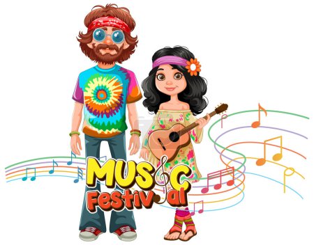 Illustration for Colorful vector of a hippie couple with musical elements. - Royalty Free Image