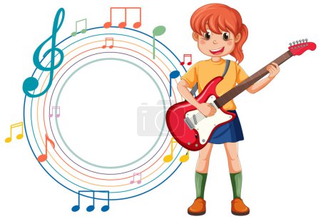 Cartoon girl playing electric guitar surrounded by notes.