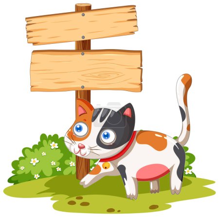 Téléchargez les illustrations : Chat coloré à côté d'un panneau en bois blanc dans l'herbe. - en licence libre de droit