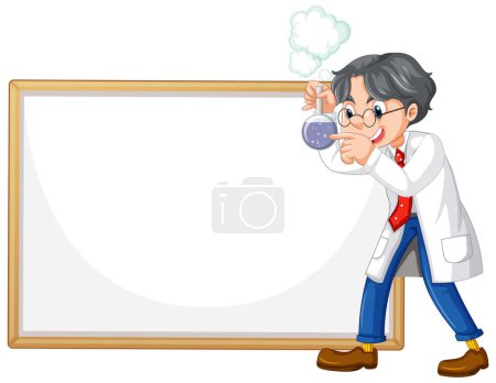 Illustration for Cartoon scientist with beaker beside empty whiteboard - Royalty Free Image