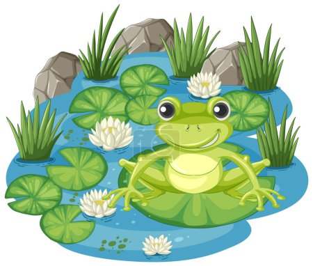 Ilustración de Alegre rana sentada entre almohadillas de lirio y flores. - Imagen libre de derechos