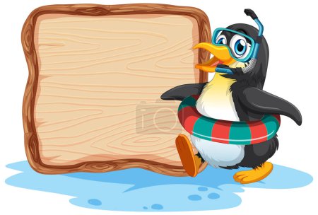 Téléchargez les illustrations : Pingouin dessin animé debout à côté d'un panneau vierge. - en licence libre de droit