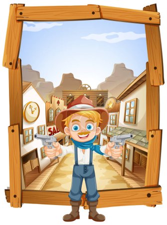 Illustration for Cheerful cowboy greets from a wooden frame. - Royalty Free Image