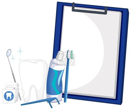 Illustration for Vector illustration of dental care tools and clipboard. - Royalty Free Image