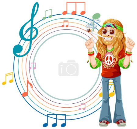 Illustration for Colorful illustration of a hippie with musical elements. - Royalty Free Image