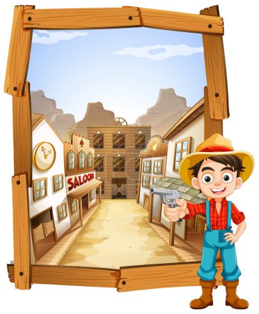Illustration for Cartoon cowboy with a welcoming gesture in a western town. - Royalty Free Image