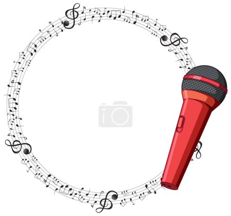 Ilustración de Micrófono rojo rodeado de un círculo de notas musicales - Imagen libre de derechos